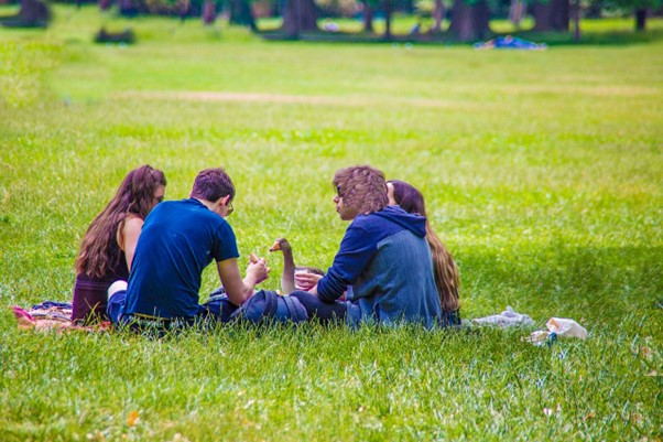 Group of young people sitting in the part feeding a duck
